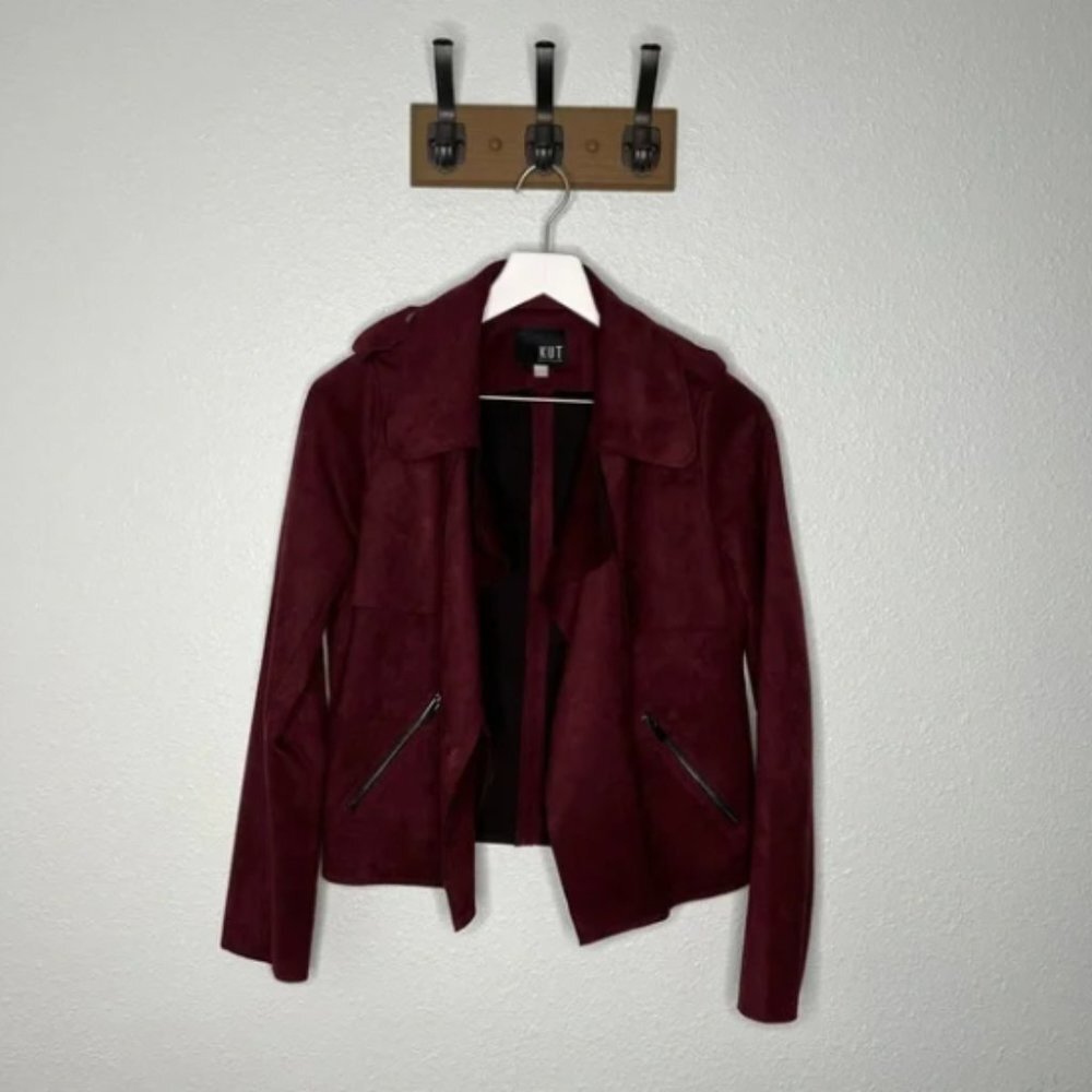 Kut From The Kloth Jacee Draped Burgundy Moto Jacket - Picture 2 of 8